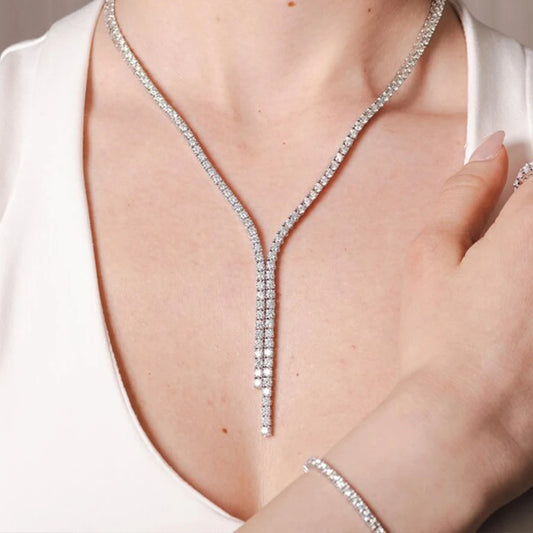 3mm Full Moissanite Tennis Necklace for Woman 925 Sterling Silver Plated 18k White Gold Tassel Necklace Party Wedding Jewelry