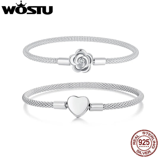 WOSTU 925 Sterling Silver Vintage Rose Flower Love Heart Bangle Bracelet Fit DIY Bracelets Women Valentine Mother's Day Gift