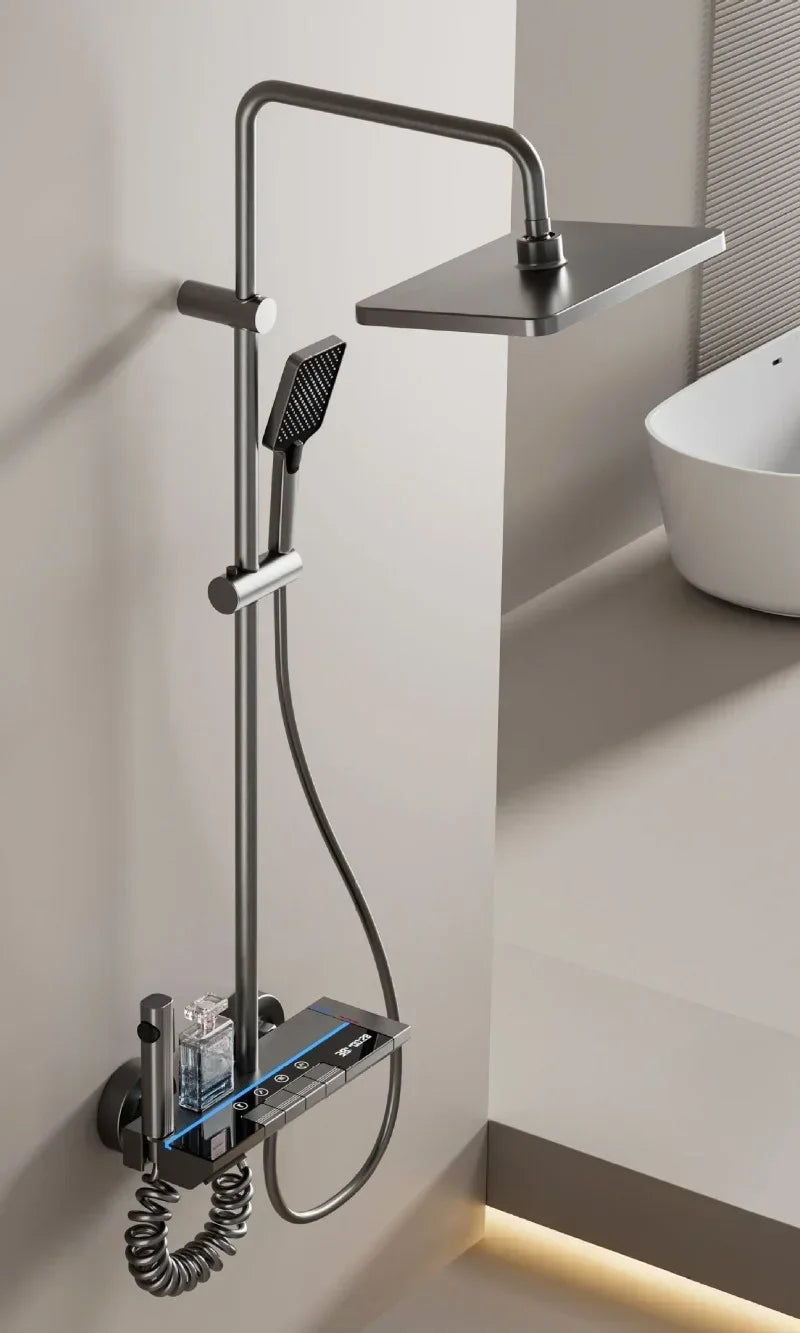 Bathroom Piano Key 4 Ways Water Outlet Luxury Shower Set LED Light Smart Temperature Display Rainlfall Shower Faucet System