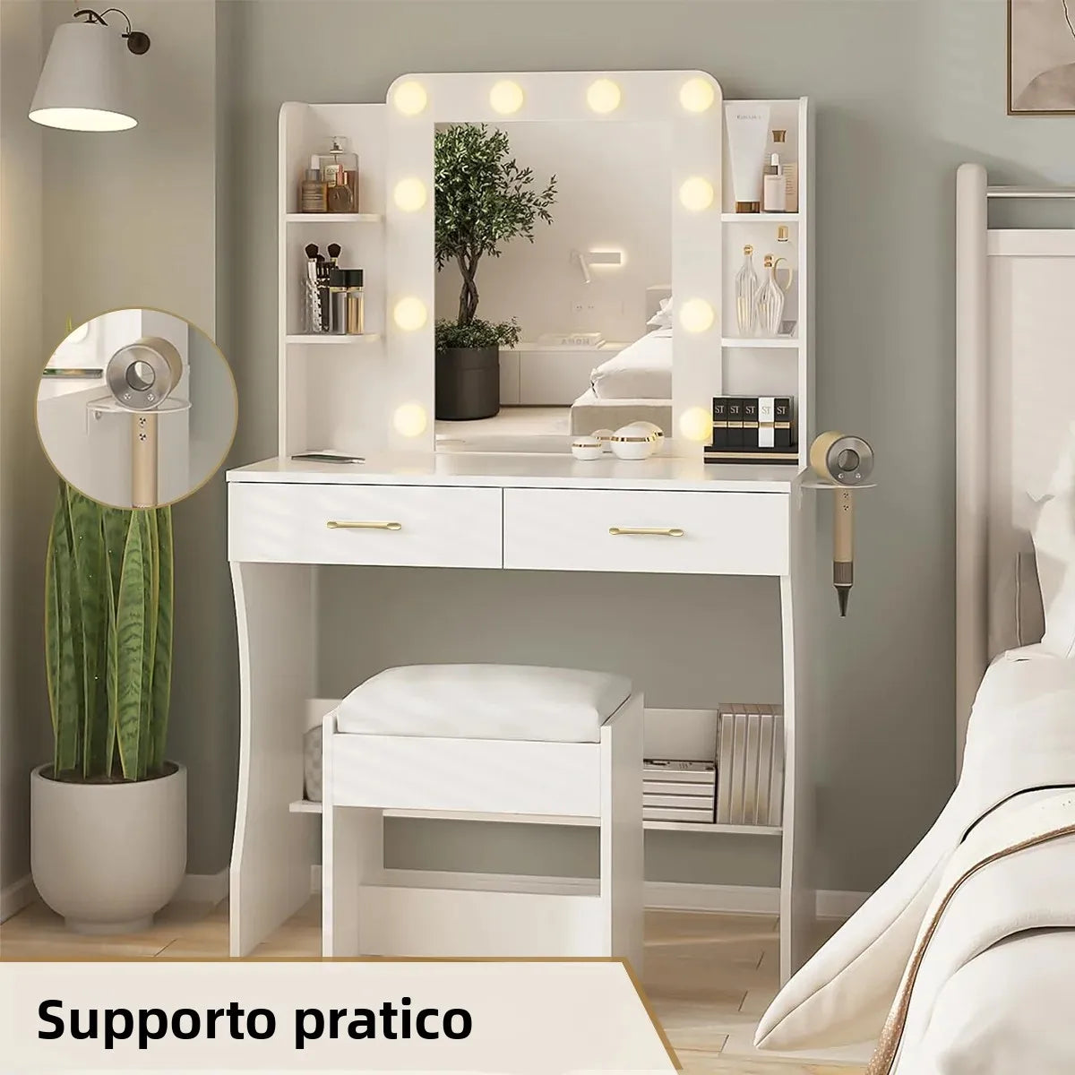 Mihtrov Level-shelves Makeup Table For Small Aparttment Adjustable Led Light Mirror Dressing Desk With Makeup Stool Detachable Vanity Desk Gift For Daughter & Friends