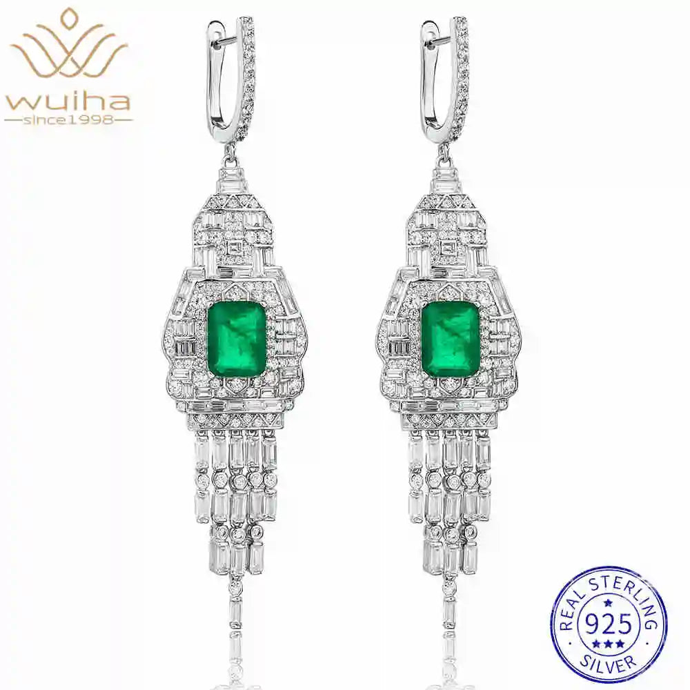 WUIHA Vintage 925 Sterling Silver Lab Sapphire Emerald High Carbon Diamonds Drop Dangle Wedding Engagement Earrings Fine Jewelry