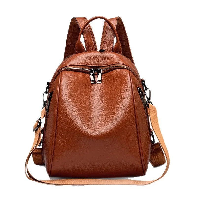 2026 New Fashionable Pure Color Leather Backpack Women's Cross-Border Travel Bag Durable Soft Cowhide Shoulder Bag for All Ages
