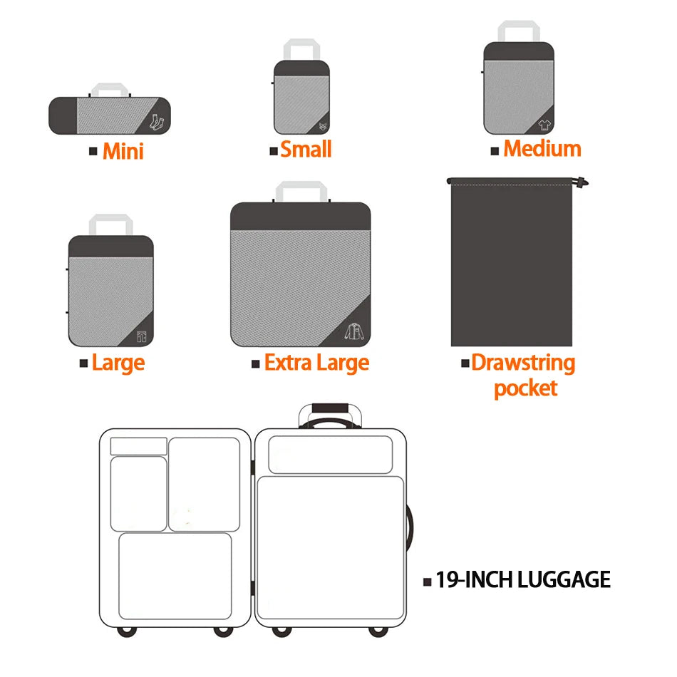 6PCS Travel Compressed Packing Cubes Storage Organizer Set With Shoe Bag Mesh Visual Luggage Portable Lightweight Suitcase Bag