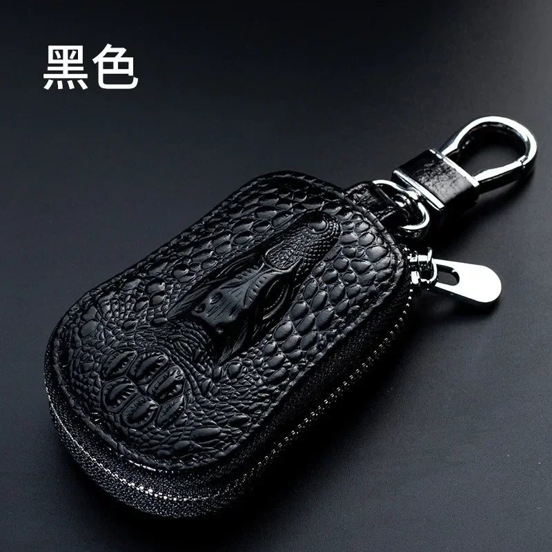 Cowhide Car Key Wallet Case Genuine Leather Crocodile Pattern Zipper Cover Mini Waist Trailer Key Bag Unisex with Metal Buckle