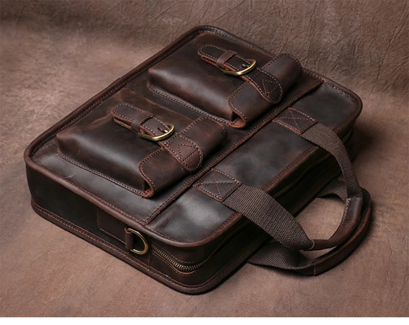 GURO Vintage Wild Handbag Male Genuine Leather Business Briefcase Original Cowhide Shoulder Messenger Bag A4 File 14″ Laptop Bag