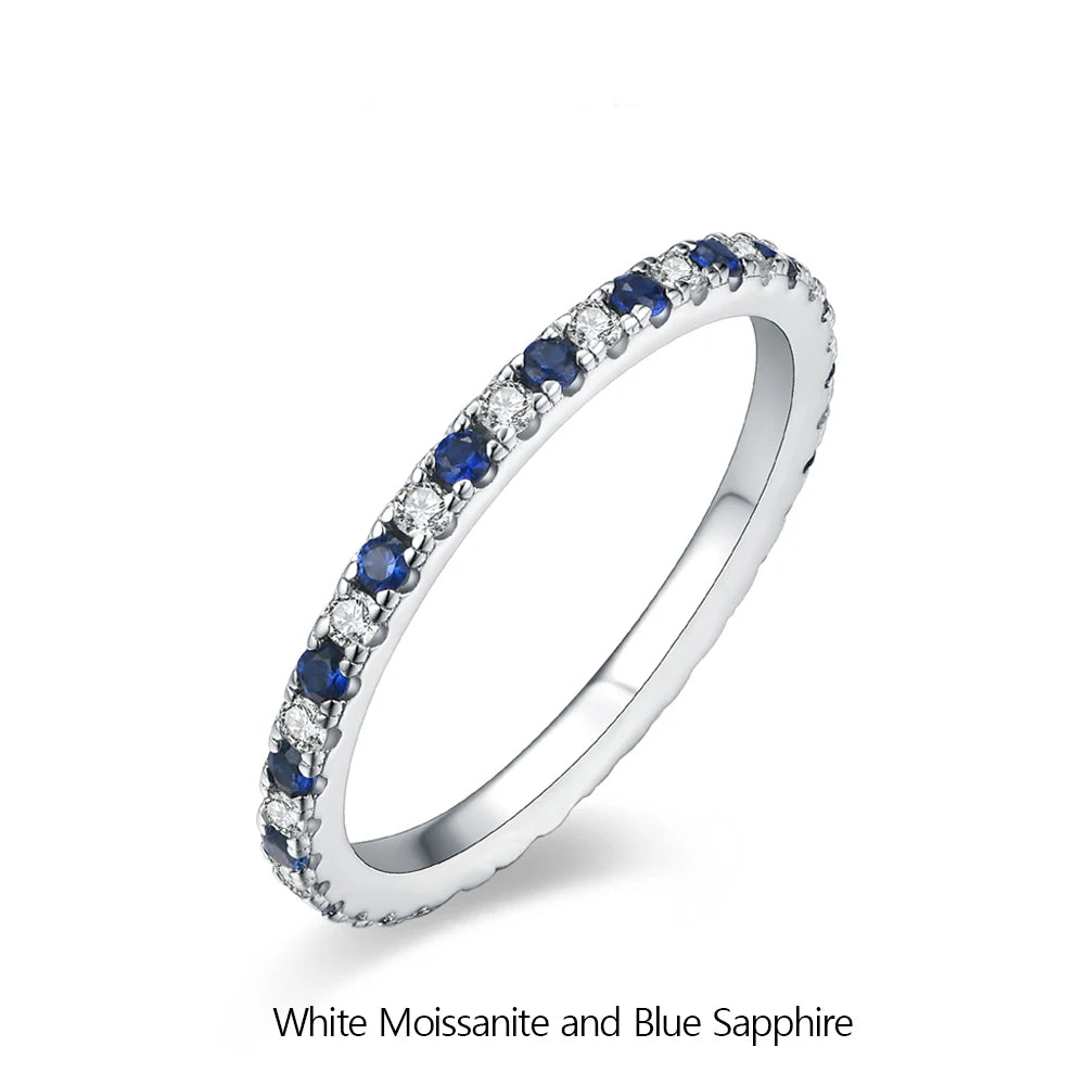 ATTAGEMS 2023 Round Moissanite Ring Real S925 Silver Stackable Rings for Women Pink and Blue Saphire Wedding Band Fine Jewelry