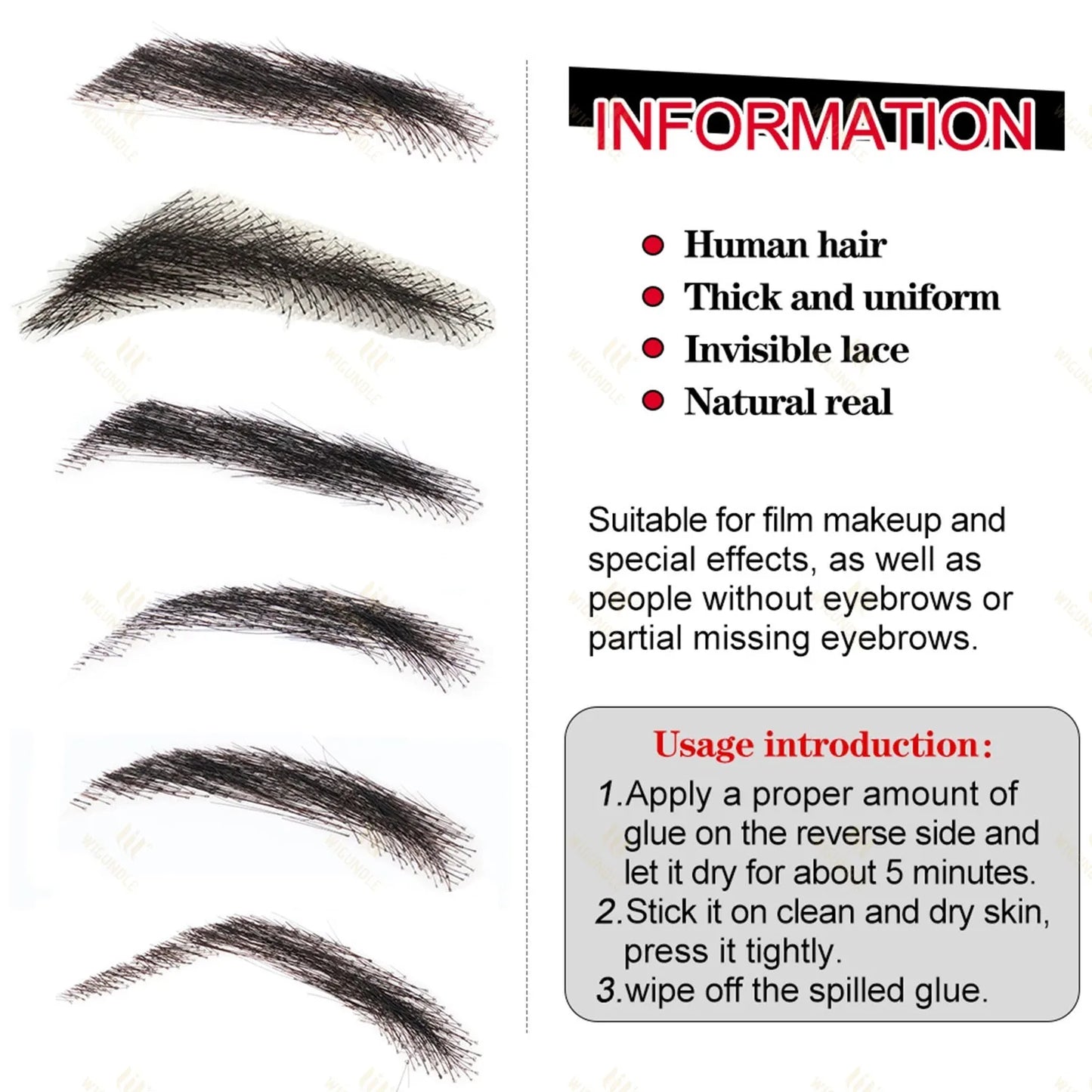 WIGUNDLE Fake Eyebow Women Or Man Hair Brazilian Hair invisible Handmade 100% Human Hair Fake Eyebrows Hand Tied False Eyebrows