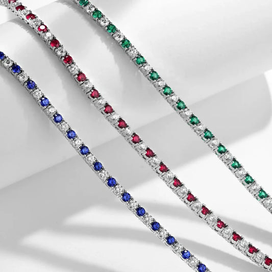 Wong Rain 925 Sterling Silver Round Cut 3 MM Sapphire Emerald Ruby High Carbon Diamond Gems Tennis Chain Necklace Fine Jewelry