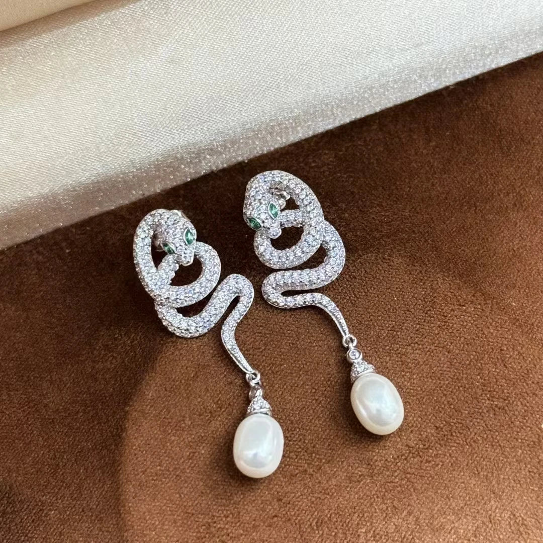 Original 925 Silver High-carbon Diamond Natural Pearl Snake Ear Drop Dangles Silver Boa Lab-grown Diamond Earring Fine Jewelry