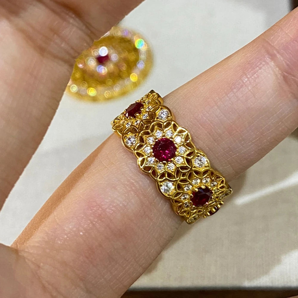 Wong Rain Vintage 925 Sterling Silver Round Cut Ruby High Carbon Diamond Gem Row Ring for Women Fine Jewelry Anniversary Gifts