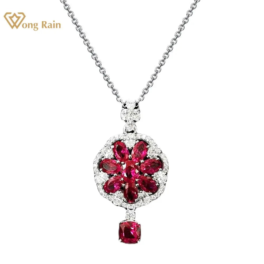Wong Rain Solid 925 Sterling Silver 6*6MM Ruby White Sapphire Gemstone Flowers Pendant Necklace for Women Fine Jewelry Wholesale