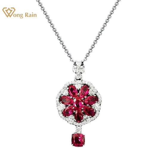 Wong Rain Solid 925 Sterling Silver 6*6MM Ruby White Sapphire Gemstone Flowers Pendant Necklace for Women Fine Jewelry Wholesale