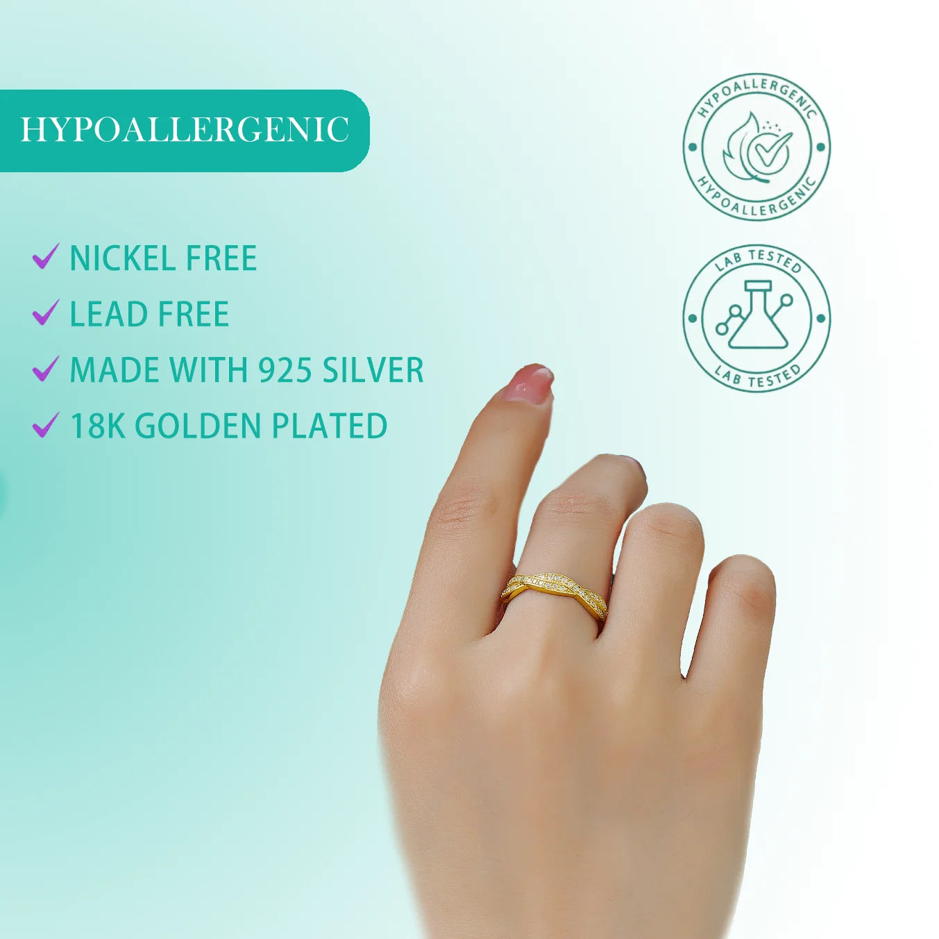 1.2mm D Color Moissanite Wavy Eternity Ring for Women, S925 Sterling Silver Gold-Plated, Hypoallergenic Design