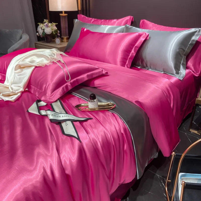 Real 100% Mulberry Silk Bedding Set with Duvet Cover Fitted/Flat Bed Sheet Pillowcase Solid Color 4pcs King Queen Twin Bed Sets