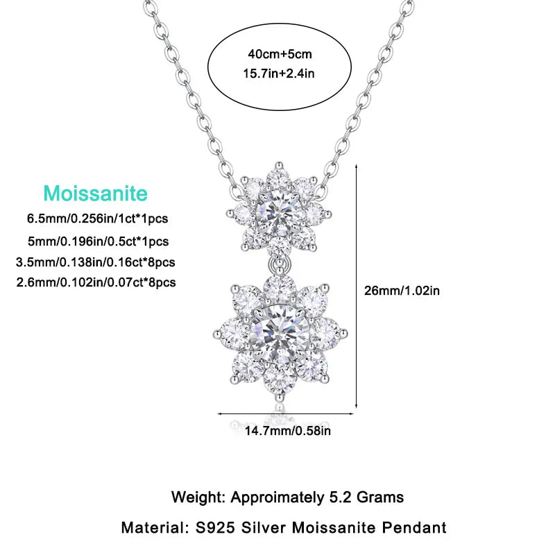 BXINY Full Moissanite Double Sun Flower Pendant Necklace S925 Silver GRA Certified Lab Diamond for Women Party Fine Jewelry Gift
