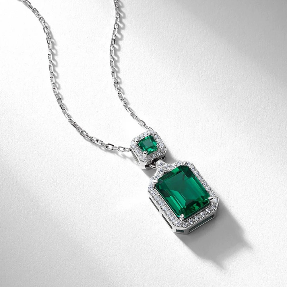 Wong Rain Vintage 925 Sterling Silver Emerald Cut  7*9 MM Emerald High Carbon Diamond Gemstone Pendant Necklace Fine Jewelry