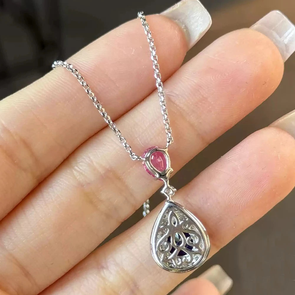 WUIHA Vintage 925 Sterling Silver 7 * 9 MM Pear Cut Lab Sapphire High Carbon Diamonds Gemstone Pendant Necklace Fine Jewelry