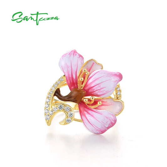 SANTUZZA Genuine 925 Sterling Silver Rings For Women White Cubic Zirconia Handmade Enamel Flower Ring Delicate Fine Jewelry