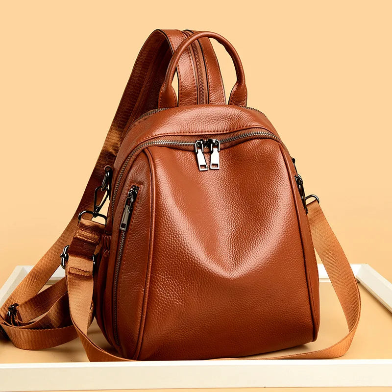 2026 New Fashionable Pure Color Leather Backpack Women's Cross-Border Travel Bag Durable Soft Cowhide Shoulder Bag for All Ages