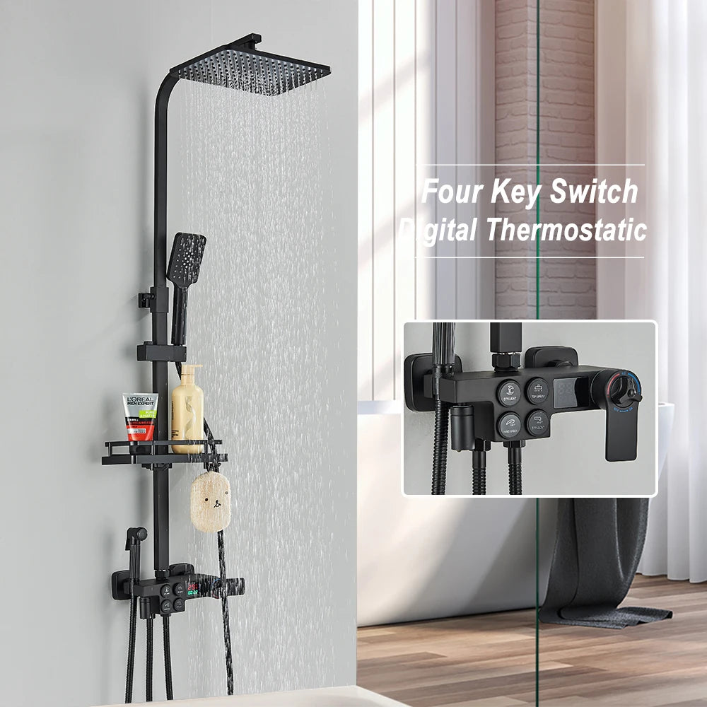 Black Thermostatic LCD Shower Faucet Set Temperature Display Rainfall Bathtub Tap With Bathroom Shelf Electricity By Water
