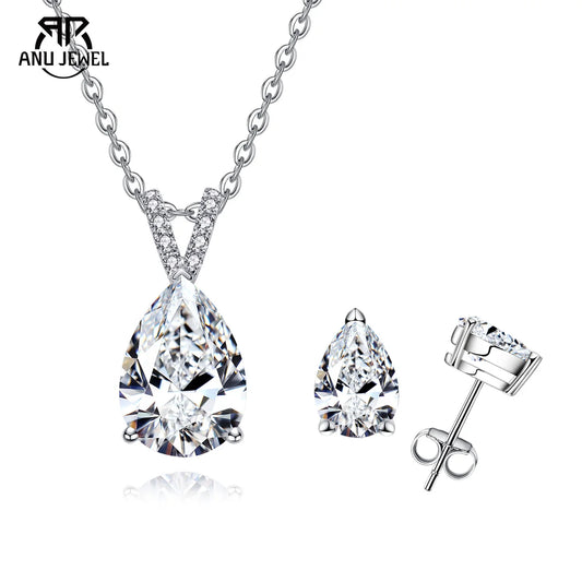 AnuJewel 2.5ct Pear Moissanite Necklace 1.2ct Earrings 925 Sterling Silver Wedding Jewelry Set Valentine's Day Gifts For Girls