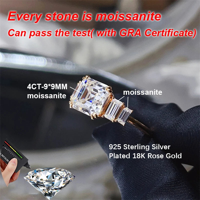 BXINY 4CT Asscher Cut All Moissanite Ring 100% S925 Silver Baguette Diamond Wedding Band for Women Gift Jewelry With Certificate