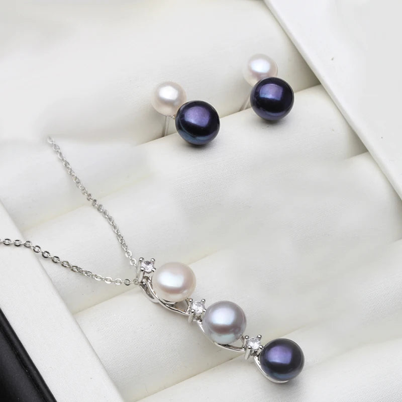 Wedding 925 Silver Natural Freshwater Pearl Necklace Earrings Set,Multi Color Pearl Jewelry Set Wife Mother Birthday Gift Black