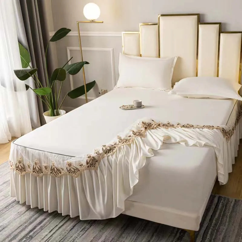 3pcs Set Raw Cotton Soft Bedspread Bed Romance Dust Protector Cover Embroidery Lace Edge Bed Skirt with 2pcs Pillowcase