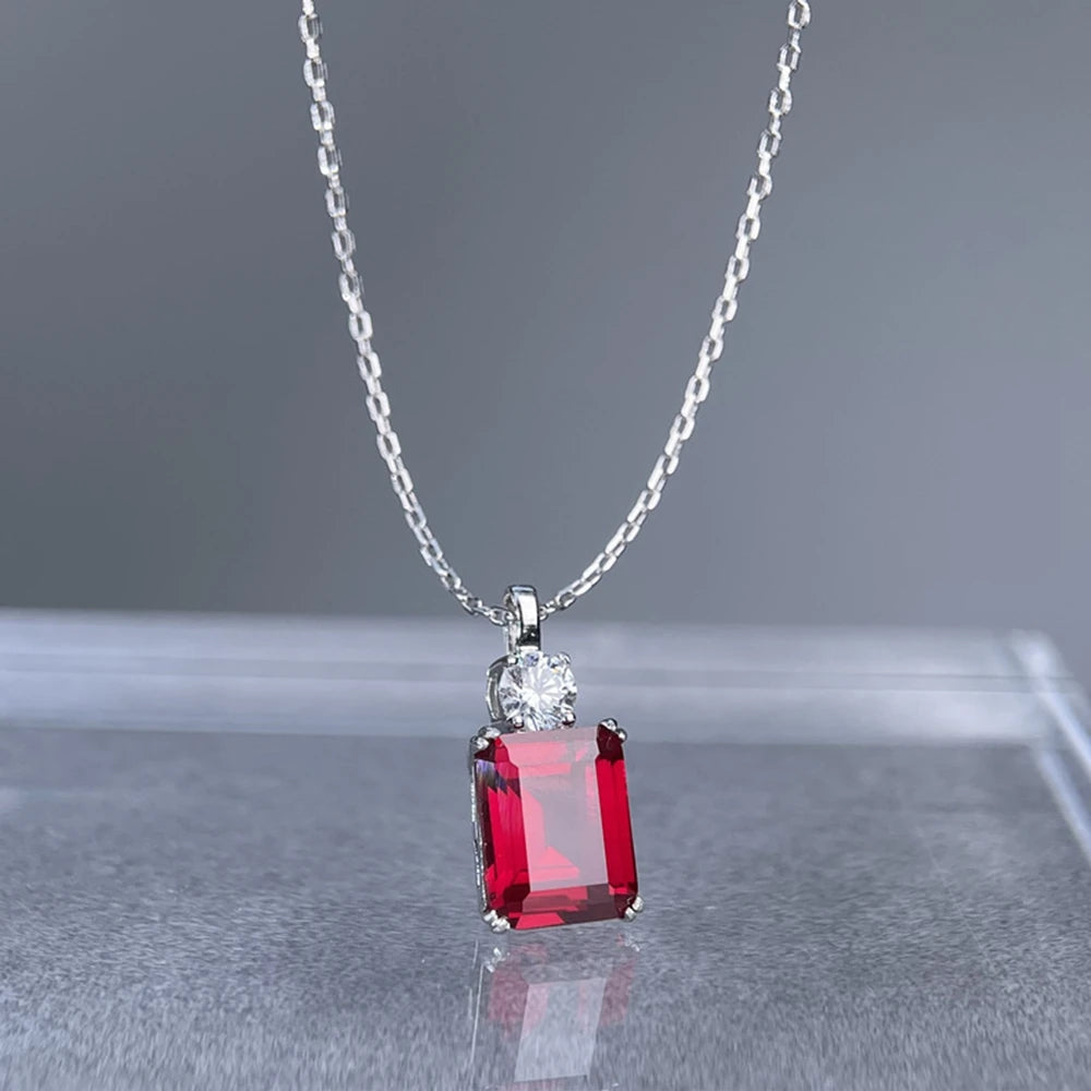 Wong Rain 925 Sterling Silver 8*10 MM Tanzanite Sapphire Ruby Citrine Emerald High Carbon Diamond Pendant Necklace Fine Jewelry