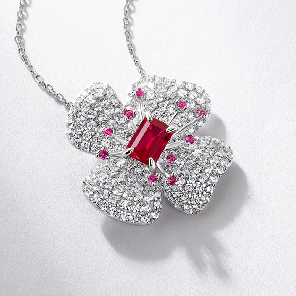 Wong Rain 925 Sterling Silver Emerald Cut 5*7 MM Emerald Sapphire Ruby High Carbon Diamond Flower Pendant Necklace Fine Jewelry