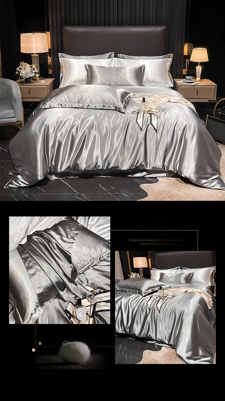 Real 100% Mulberry Silk Bedding Set with Duvet Cover Fitted/Flat Bed Sheet Pillowcase Solid Color 4pcs King Queen Twin Bed Sets