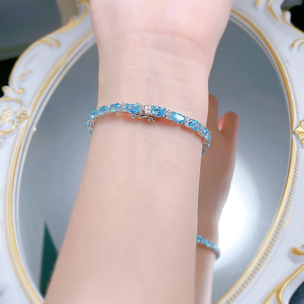Wong Rain Classic 925 Sterling Silver Oval Cut 4*6MM Aquamarine High Carbon Diamond Gems Bracelets Bangle Fine Jewelry Wholesale