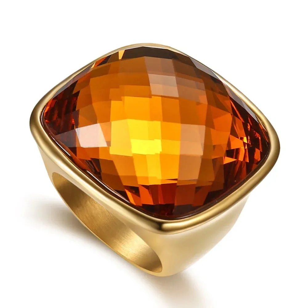Niche Exaggerated Modern Large Gemstone Women's Ring Titanium Steel Plated 18k Gold Jewelry