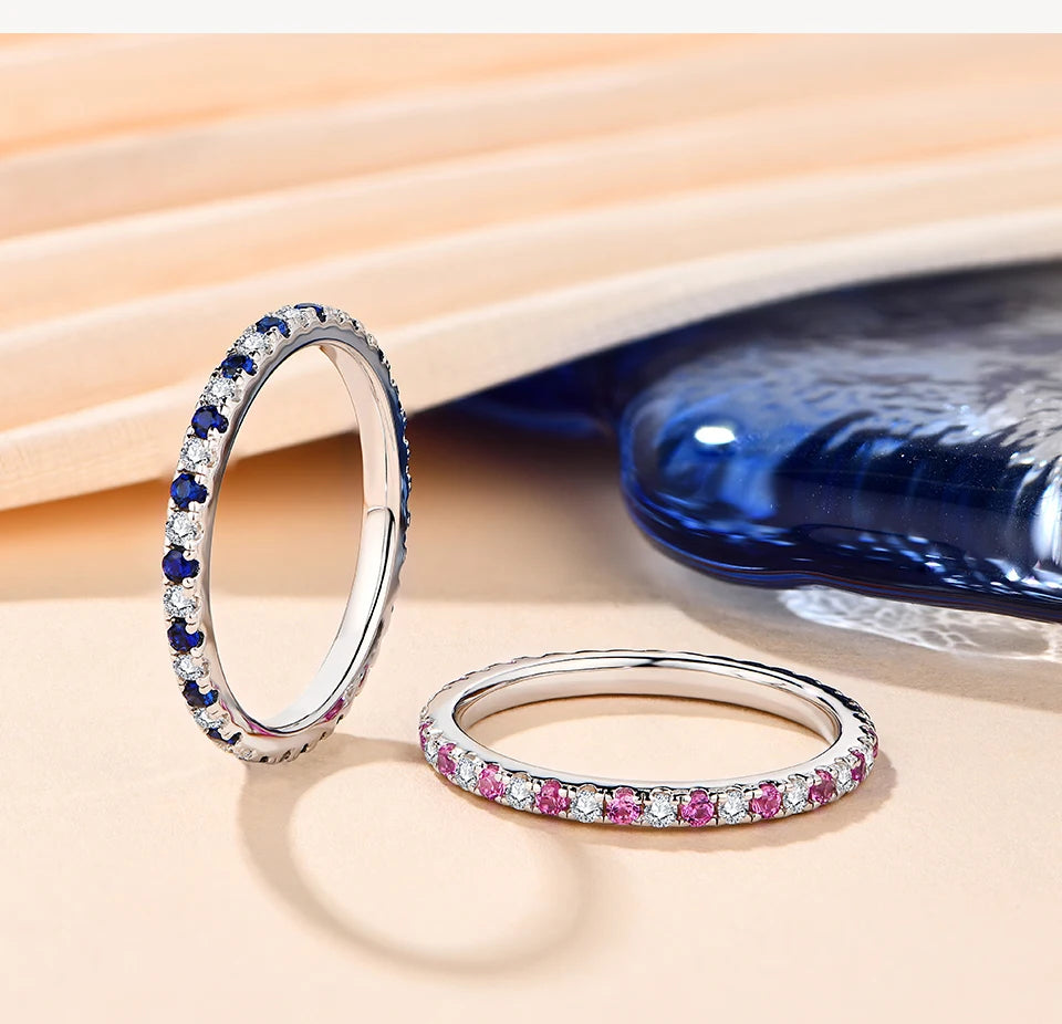 ATTAGEMS 2023 Round Moissanite Ring Real S925 Silver Stackable Rings for Women Pink and Blue Saphire Wedding Band Fine Jewelry