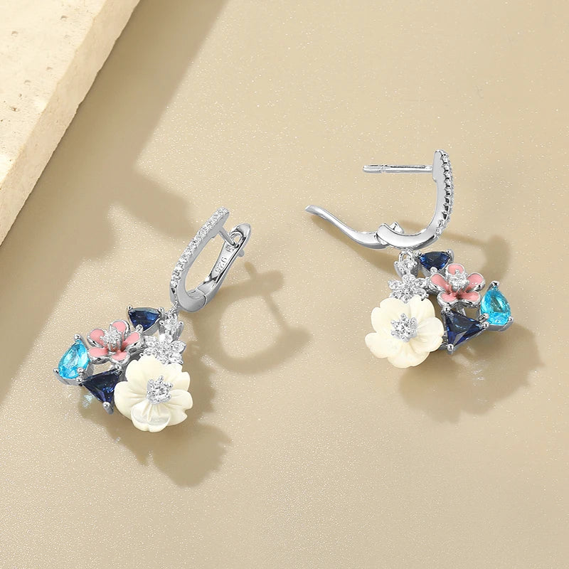 LAYA Earrings For Women White Shell Flower Shining Zircon Handmade Enamel Engagement Romantic Wedding Trendy Party Fine Jewelry