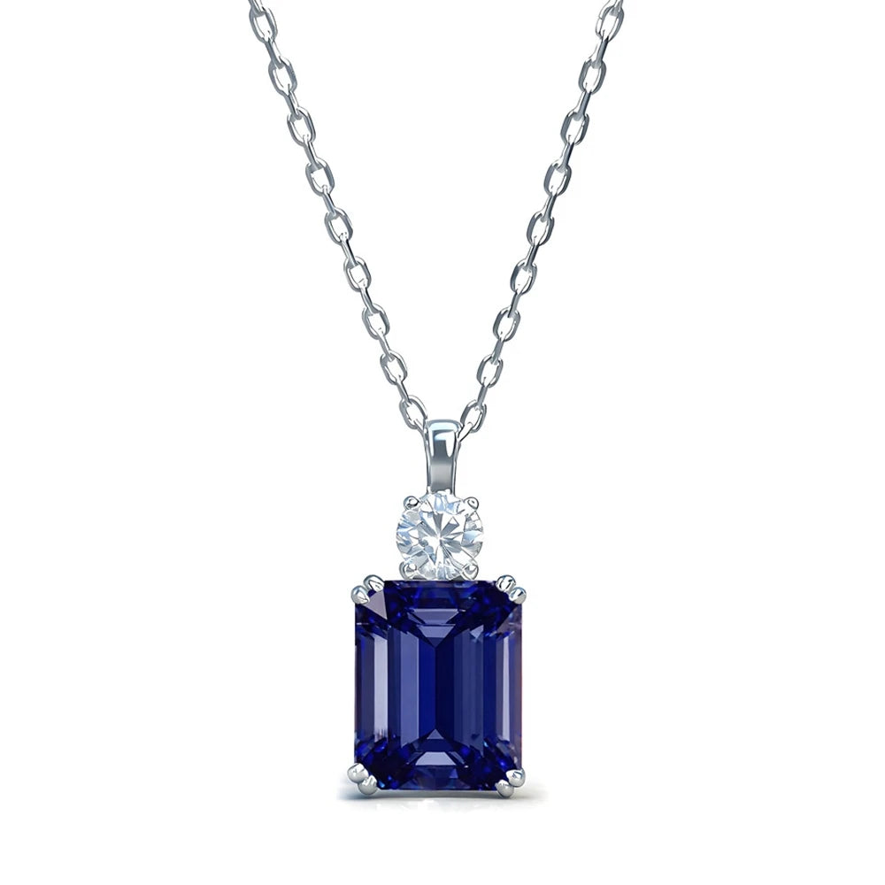 Wong Rain 925 Sterling Silver 8*10 MM Tanzanite Sapphire Ruby Citrine Emerald High Carbon Diamond Pendant Necklace Fine Jewelry