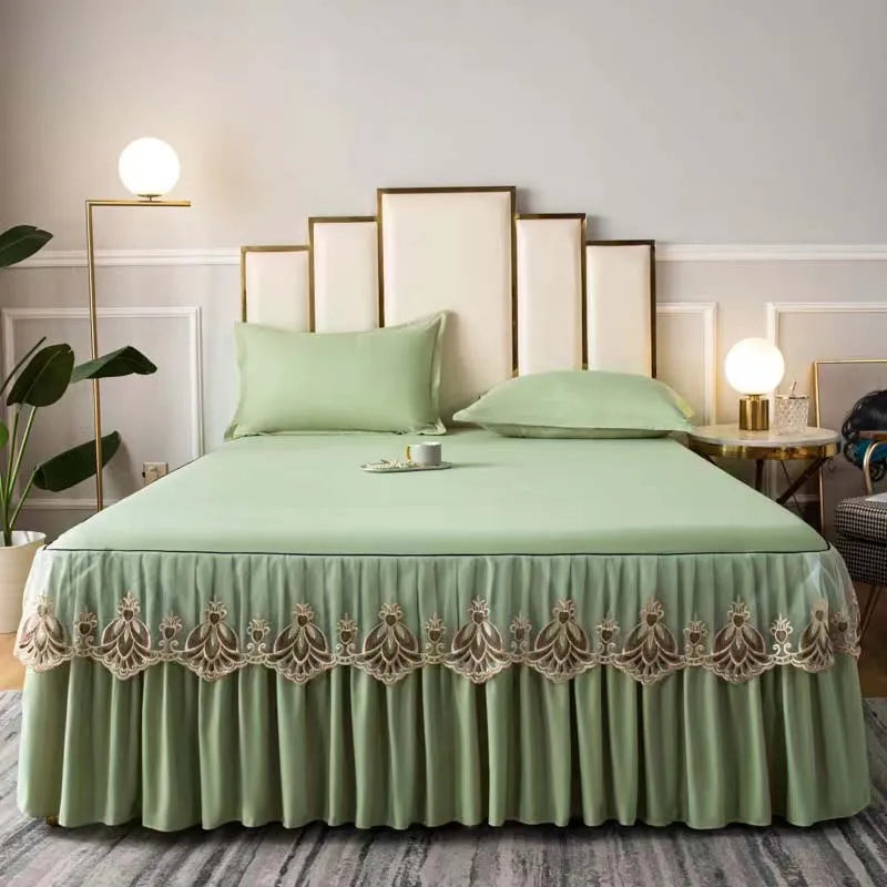 3pcs Set Raw Cotton Soft Bedspread Bed Romance Dust Protector Cover Embroidery Lace Edge Bed Skirt with 2pcs Pillowcase