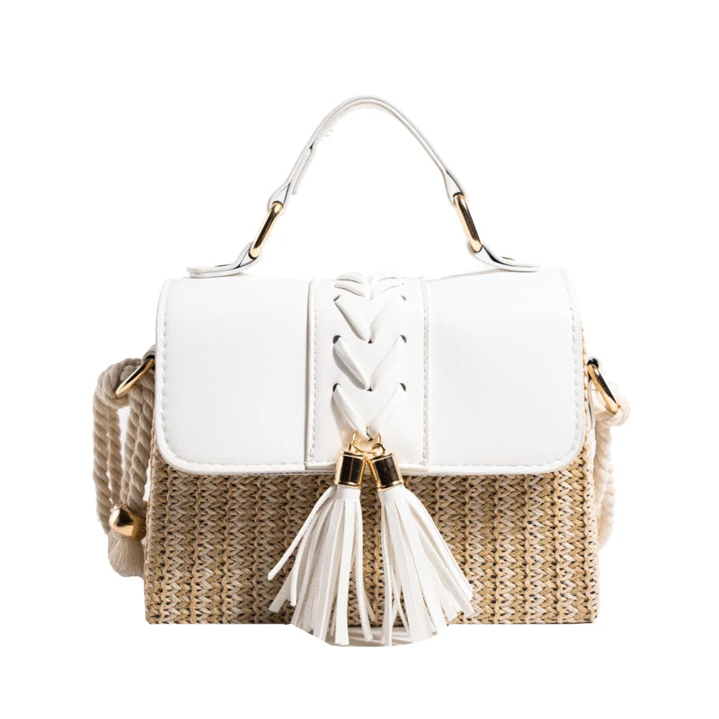 MOODS Straw Beach Bag For Women 2023 Summer New Luxury Designer Handbags Hit Color Tassels Shoulder Crossbody Box Bag Sac A Main