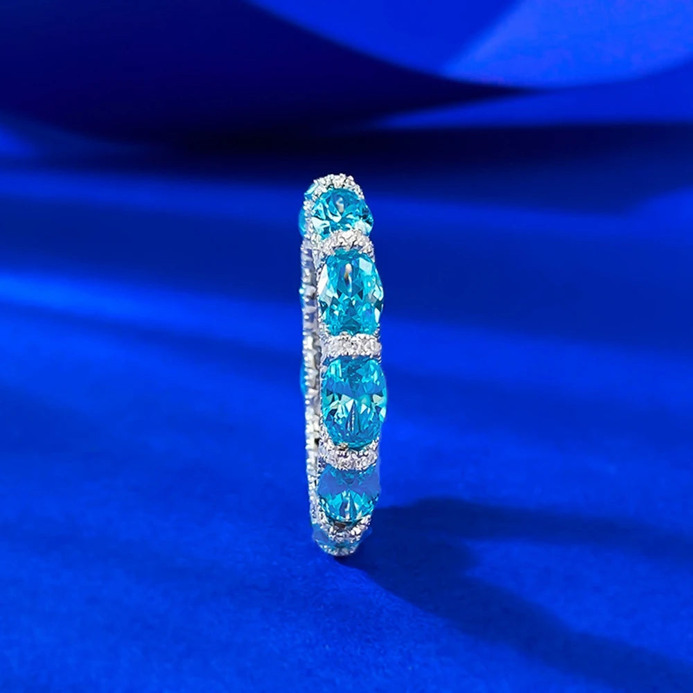 Wong Rain Luxury 925 Sterling Silver Oval Cut 4*6 MM Aquamarine High Carbon Diamond Gemstone Row Rings Fine Jewelry Wedding Band