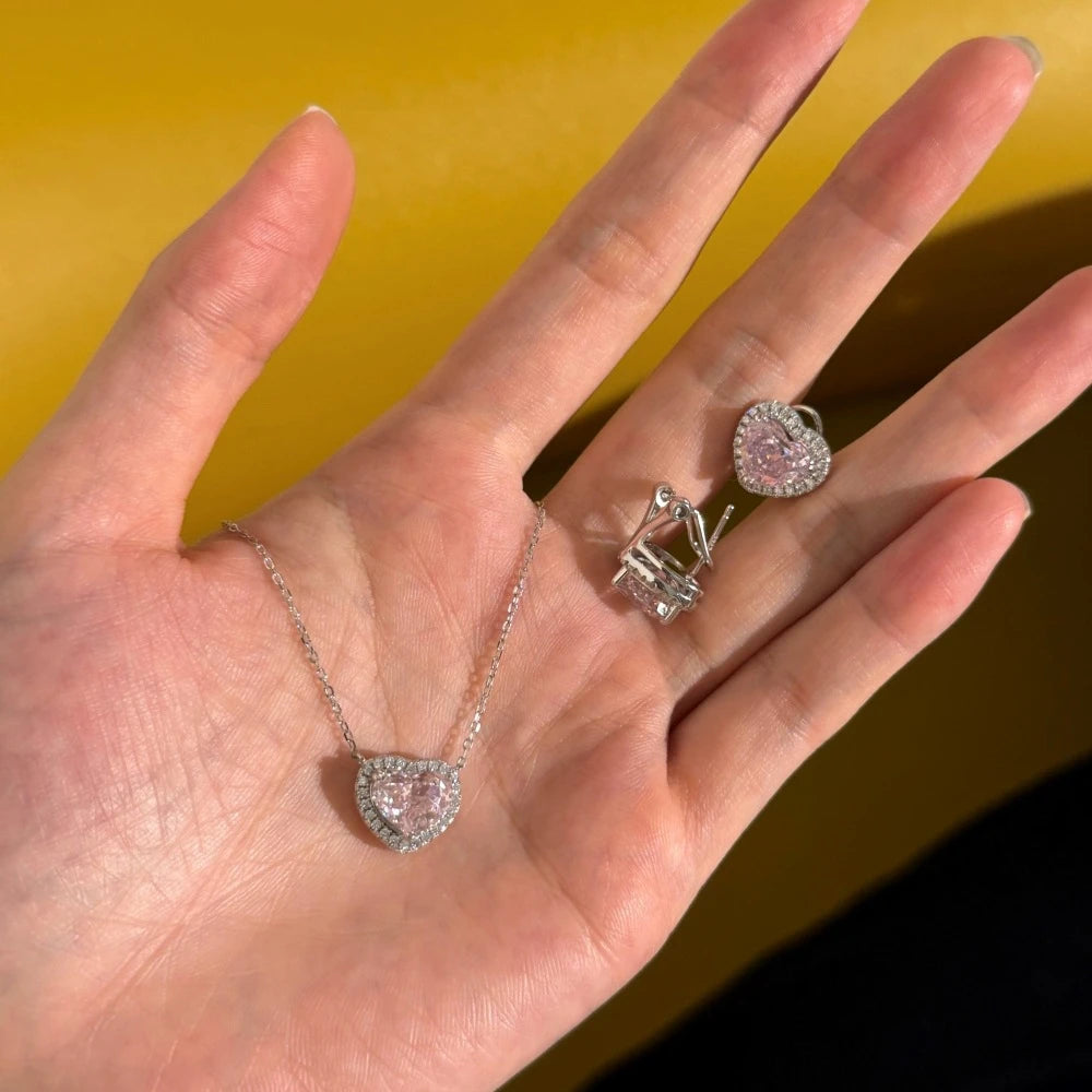 Wong Rain 925 Sterling Silver Heart Cut 8*10MM Lab Sapphire High Carbon Diamond Gems Pendant/Necklace/Earrings/Rings Jewelry Set