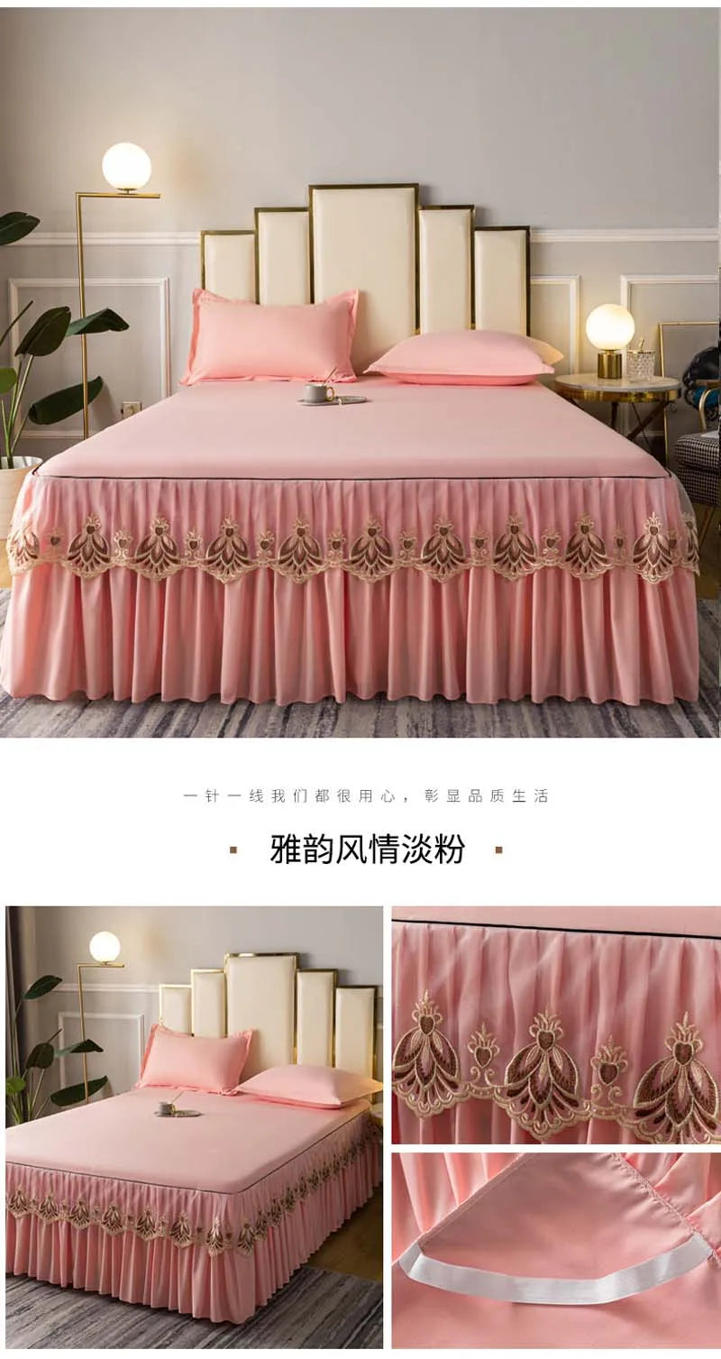 3pcs Set Raw Cotton Soft Bedspread Bed Romance Dust Protector Cover Embroidery Lace Edge Bed Skirt with 2pcs Pillowcase
