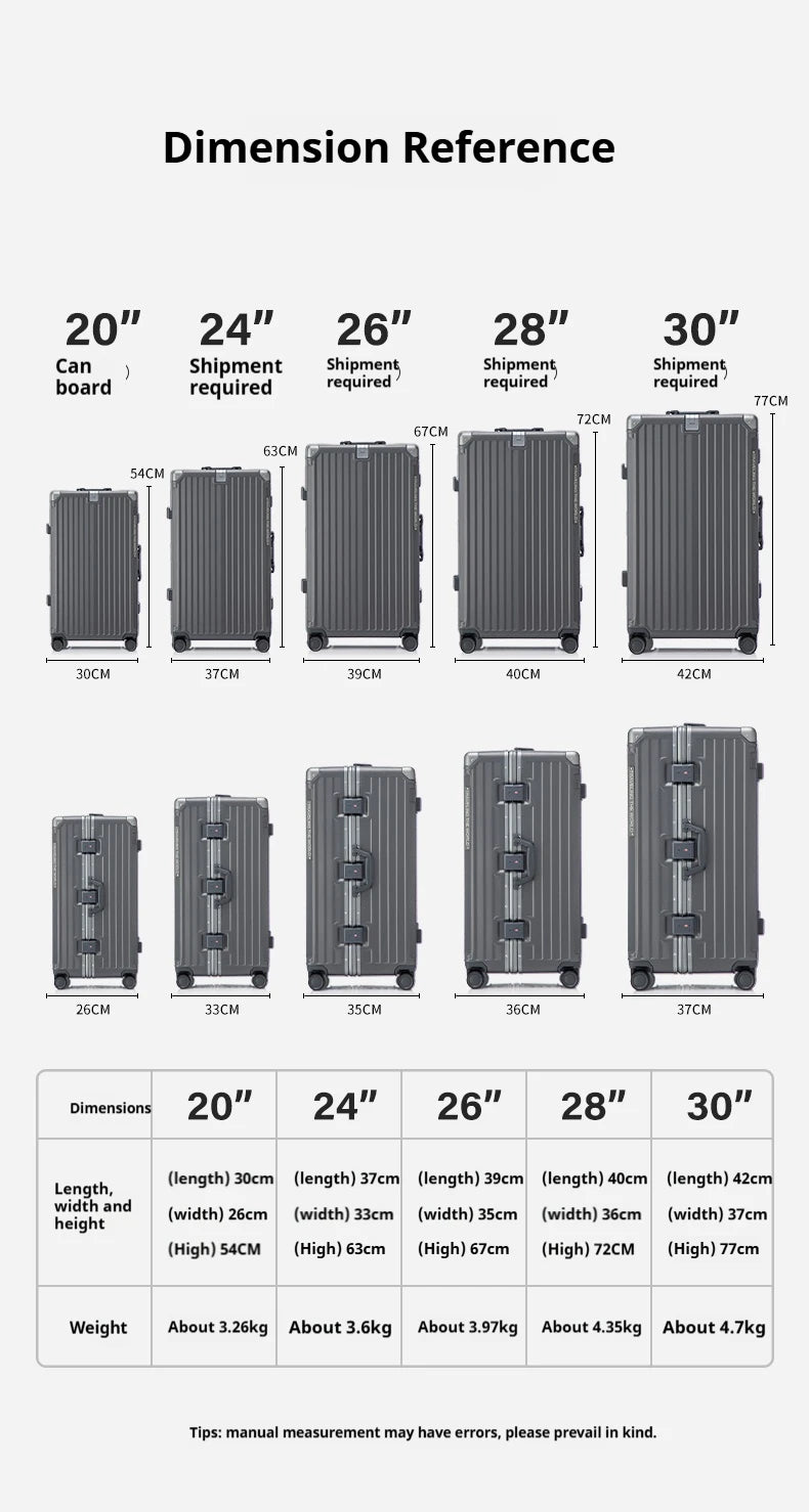 Hard Shell Carry-On Suitcase Rolling Travel Luggage with Spinner Wheels 20 24 26 28 30 Inch Large Capacity Durable Luggage