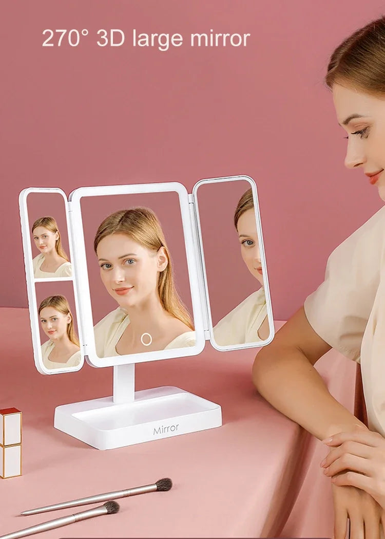 Tri-Fold Makeup Mirror with Led Light, Rotable Cute Desk Vanity Mirror 3 Tone with 2X/3X Magnifying Gift for Mom Wife Girlfriend