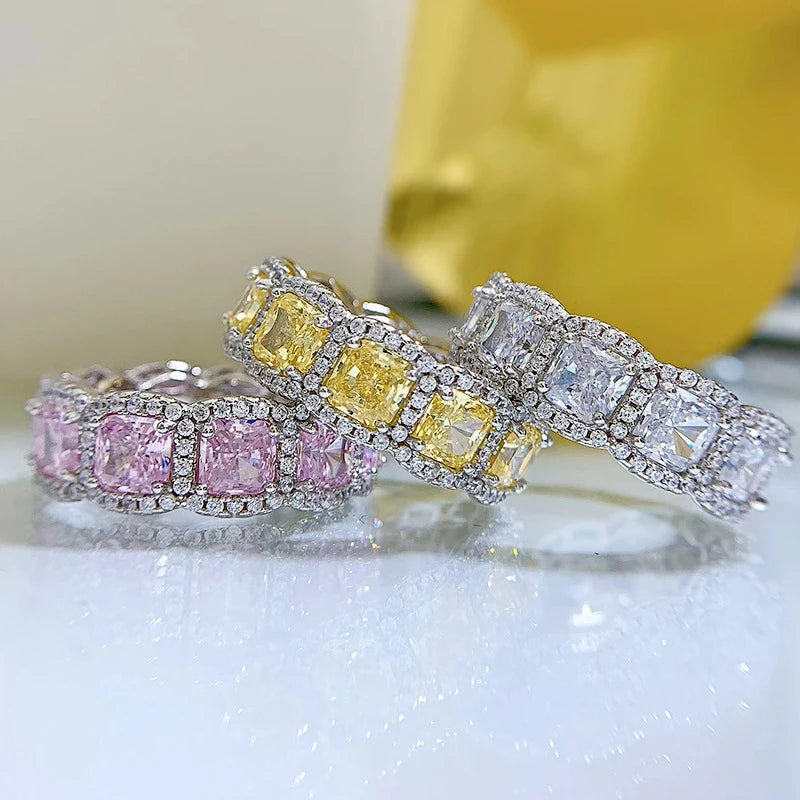 OEVAS 100% 925 Sterling Silver Sparkling 5*5mm Square Yellow Pink White High Carbon Diamond Rings For Women Party Fine Jewelry
