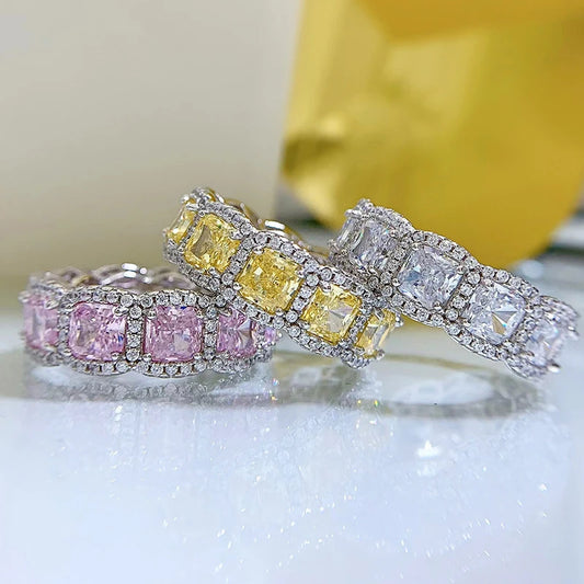 OEVAS 100% 925 Sterling Silver Sparkling 5*5mm Square Yellow Pink White High Carbon Diamond Rings For Women Party Fine Jewelry