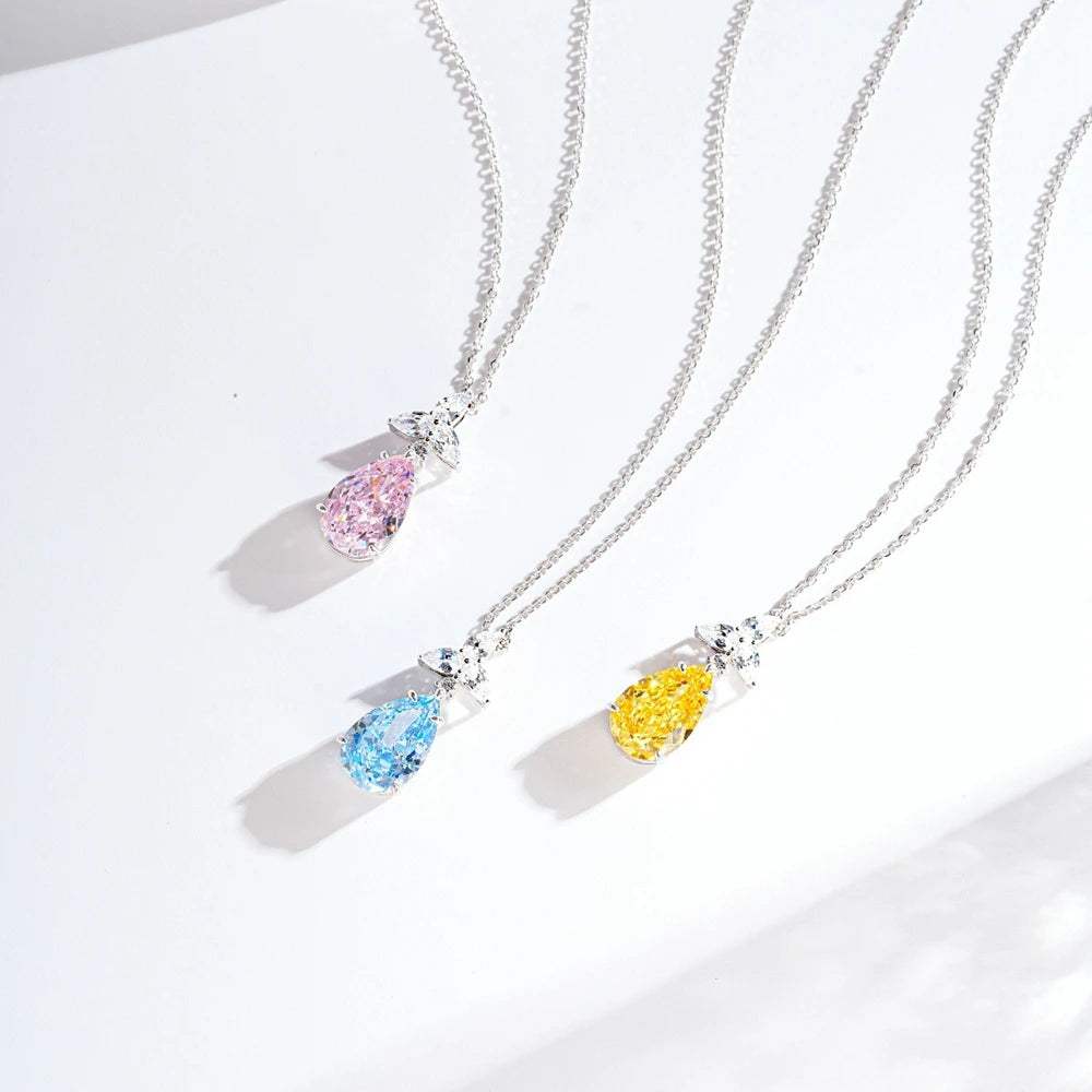 Wong Rain 925 Sterling Silver Pear Cut Lab Sapphire Citrine Aquamarine High Carbon Diamond Gems Pendant Necklace Fine Jewelry