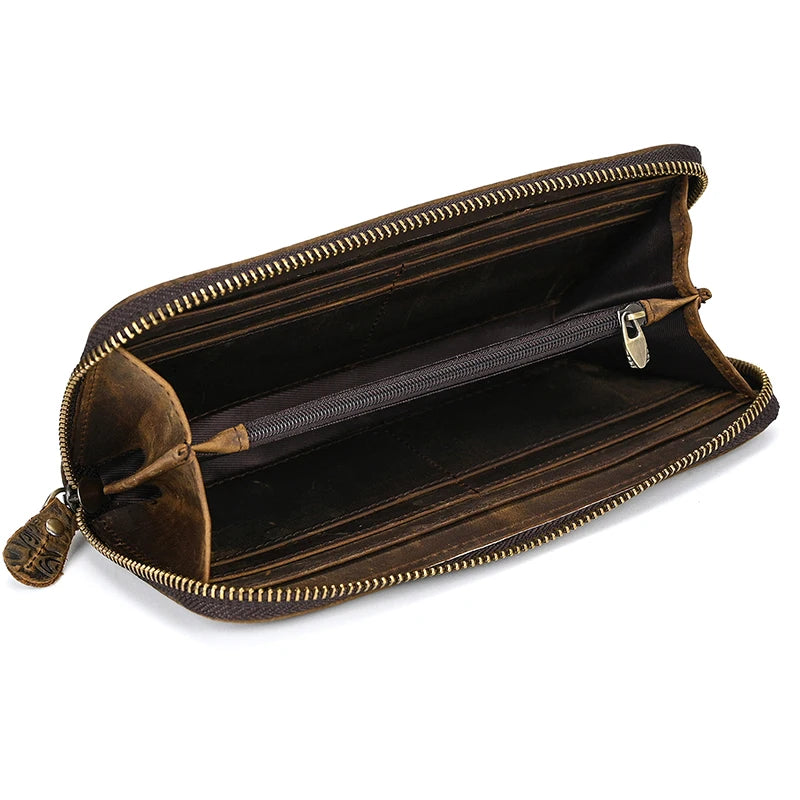 Men's crazy horse Leather long wallet Zip around genuine leather wallet Phone case purse with coin pocket 4 interlayer pocket
