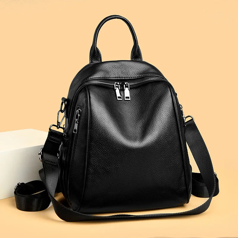 2026 New Fashionable Pure Color Leather Backpack Women's Cross-Border Travel Bag Durable Soft Cowhide Shoulder Bag for All Ages