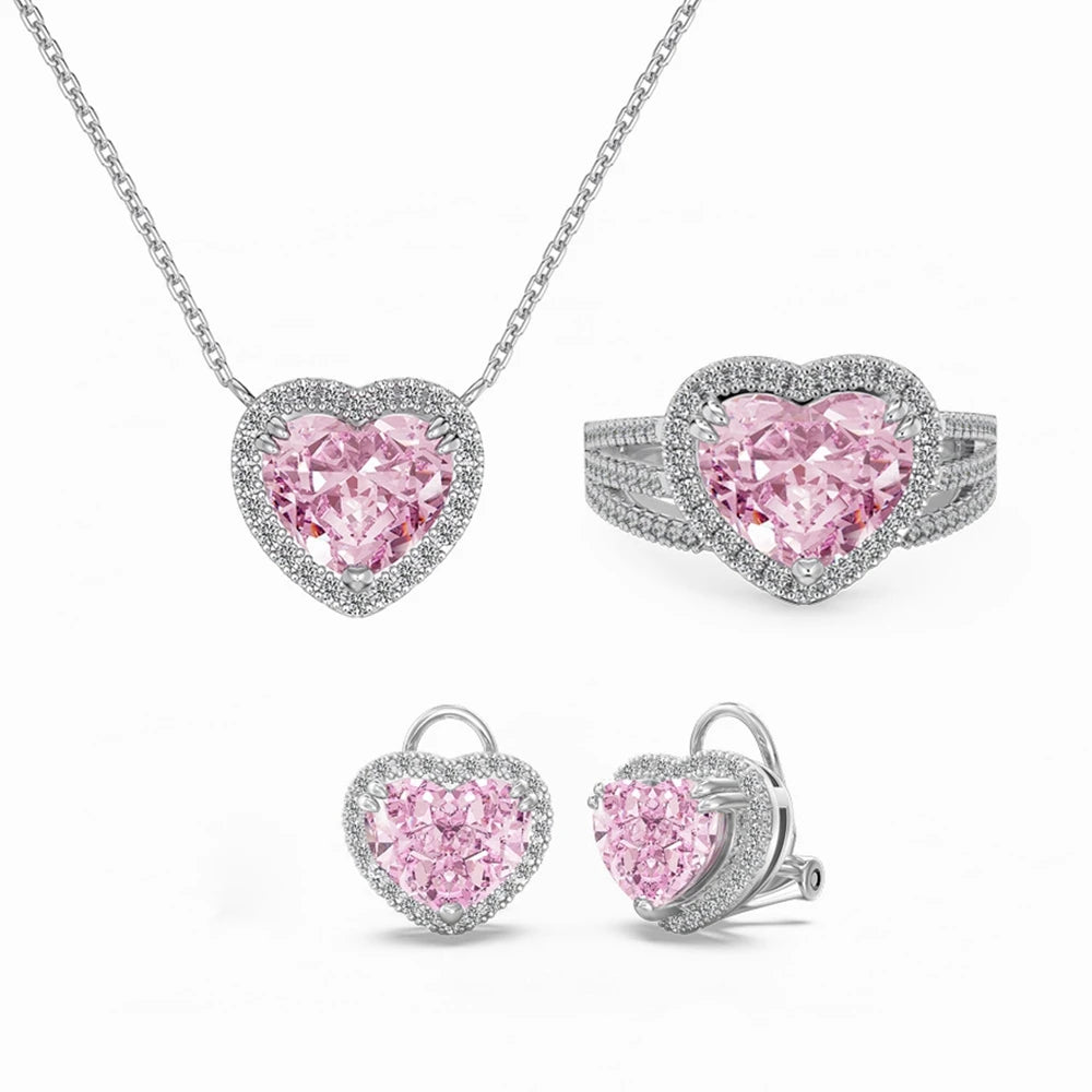Wong Rain 925 Sterling Silver Heart Cut 8*10MM Lab Sapphire High Carbon Diamond Gems Pendant/Necklace/Earrings/Rings Jewelry Set