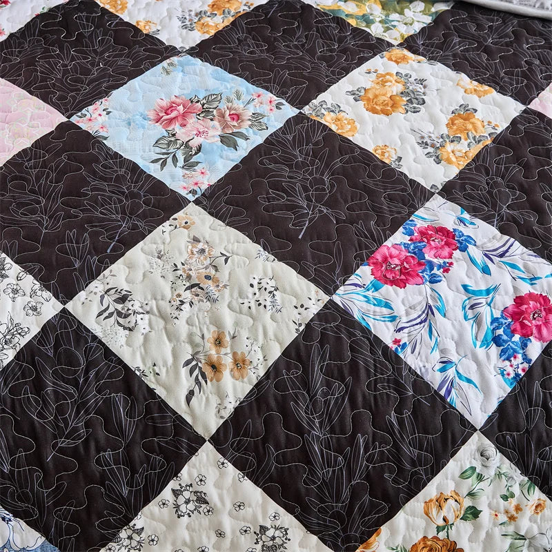 New Quilted Bedspread Set,Soft Microfiber,Thick Bed Cover+Pillowcase,European Flower Patchwork Mattress Topper Bed Sheets King